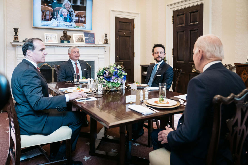 King of Jordan Abdullah II and Crown Prince Hussein bin Abdullah of Jordan meet with U.S. President Joe Biden in Washington, D.C., on Feb. 2, 2023.<span class="copyright">Royal Hashemite Court/Anadolu Agency/Getty Images</span>