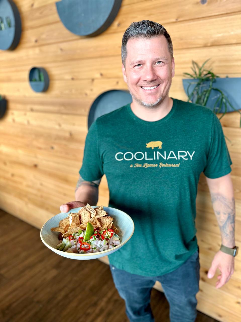 At his Coolinary restaurant in Palm Beach Gardens, chef/owner Tim Lipman displays a new menu item: local-catch ceviche with pineapple, Fresno chile, sweet pepper, red onions, coconut and cilantro.