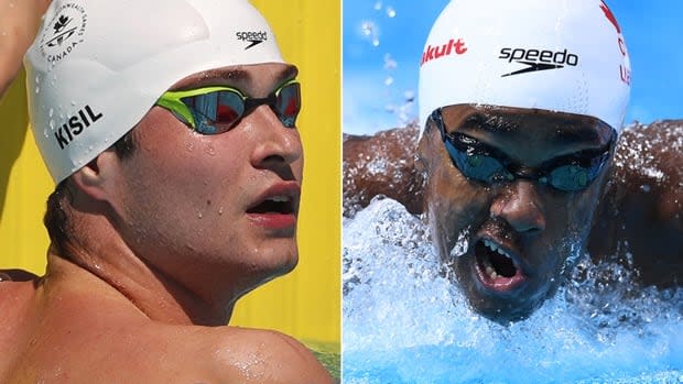 Canadians Yuri Kisil, left, and Joshua Liendo, right, have advanced to the 100-metre freestyle semifinals on Tuesday at 9:30 p.m. ET. Earlier at the Tokyo Olympics, they helped set a national record in the men's 4x100 relay final. (Reuters/Getty Images - image credit)