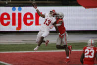 Ohio State defensive back Sevyn Banks, right, breaks up a pass intended for Indiana receiver Miles Marshall during the second half of an NCAA college football game Saturday, Nov. 21, 2020, in Columbus, Ohio. Ohio State beat Indiana 42-35. (AP Photo/Jay LaPrete)