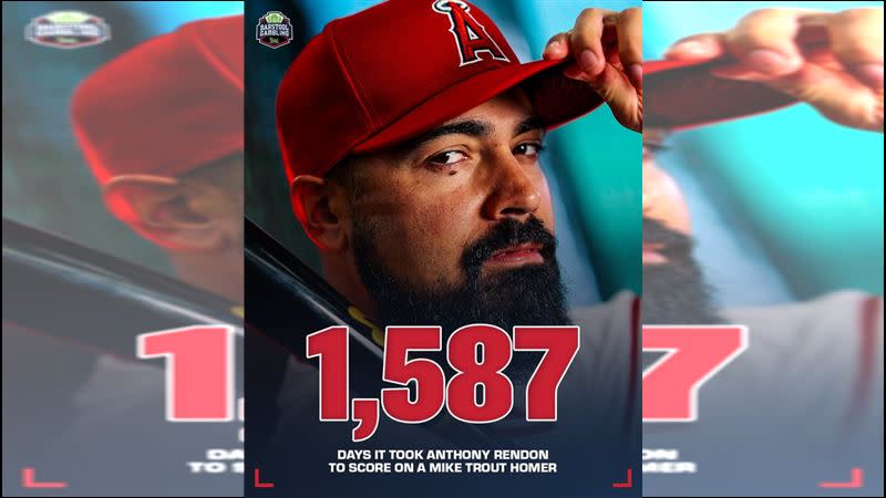 楚奧特（Mike Trout）開轟，相隔1587天送回倫東（Anthony Rendon）。（圖／翻攝自Barstool Gambling推特）