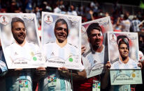 <p>Four Argentina fans wearing giant Panini stickers of Lionel Messi, Sergio Aguero, Maximiliano Meza and Nicolas Tagliafico before their clash with Iceland. (Getty) </p>