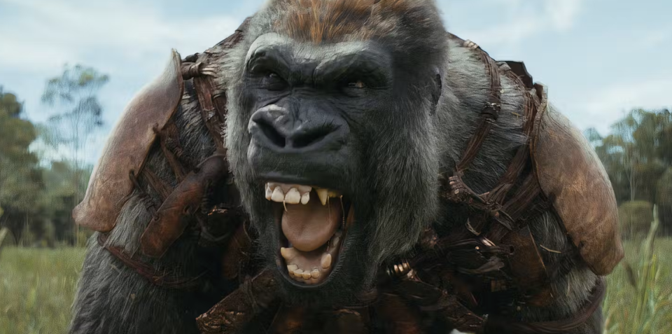 Close-up of a computer-generated gorilla character from a movie, showing detailed facial expressions and texture