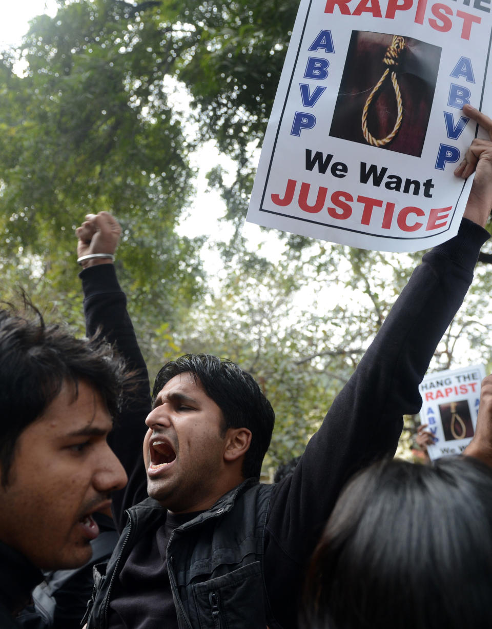 Indian protestors shout slogans during a rally in New Delhi on December 30, 2012, following the cremation of a gangrape victim in the Indian capital.(RAVEENDRAN/AFP/Getty Images)