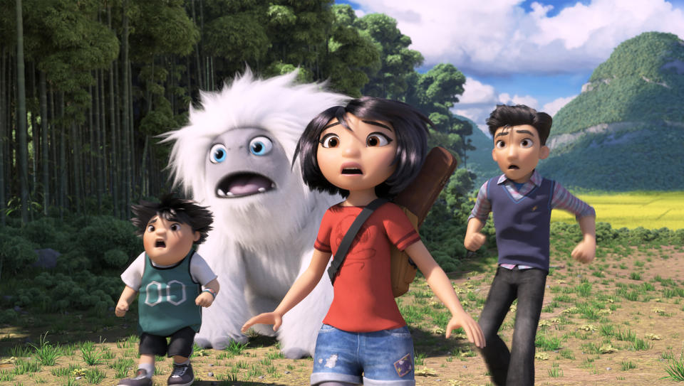 This image released by DreamWorks Animation shows characters, from left, Peng, voiced by Albert Tsai, Everest the Yeti, Yi, voiced by Chloe Bennet and Jin, voiced by Tenzing Norgay Trainor, in a scene from "Abominable," in theaters on Sept. 27. (DreamWorks Animation LLC. via AP)