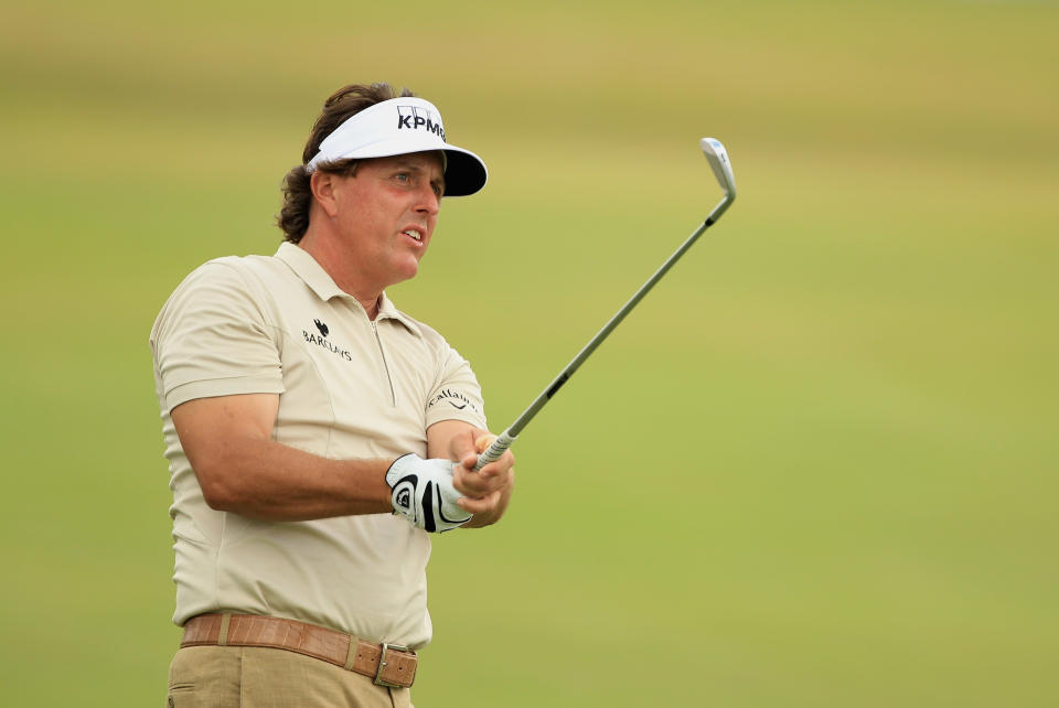 MIAMI, FL - MARCH 08: Phil Mickelson watches a shot on the 18th hole during first round of the World Golf Championships-Cadillac Championship on the TPC Blue Monster at Doral Golf Resort And Spa on March 8, 2012 in Miami, Florida. (Photo by Scott Halleran/Getty Images)