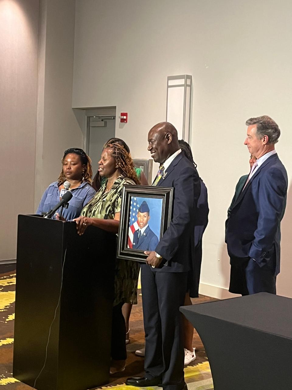 Meka Fortson, the mother of Senior Airman Roger Fortson, speaks about the officer-involved shooting death of her son as attorneys Ben Crump and Brian Barr look on.