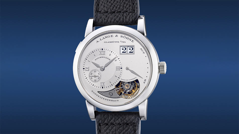 A. Lange & Söhne Ref. 704.025 platinum tourbillon wristwatch. Estimate: ,800 to 4,000. - Credit: Phillips