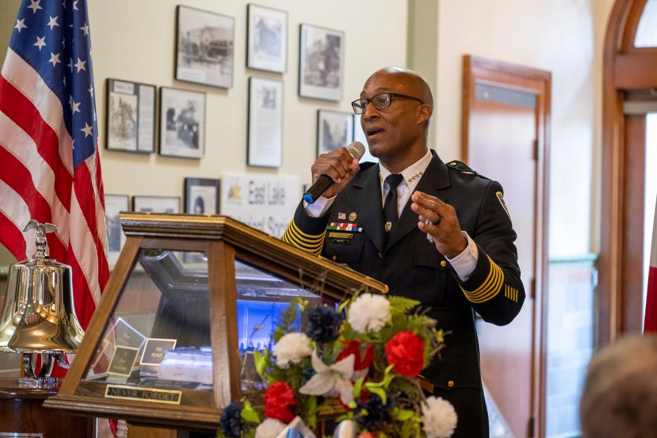 Clermont Police Chief Charles Broadway tells his account of serving in the NYPD at the World Trade Center on Sept. 11, 2001, on Sunday during the 9/11 ceremony at the Lake County Historical Courthouse in Tavares.