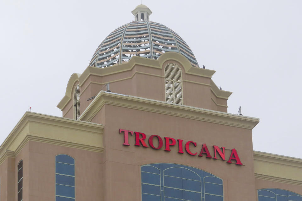 This Dec. 28, 2023, photo shows the exterior of the Tropicana casino in Atlantic City, N.J. Figures released by New Jersey gambling regulators on April 8, 2024, show Atlantic City's nine casinos collectively reported a gross operating profit of $744.7 million in 2023, a decline of 1.6% from 2022. (AP Photo/Wayne Parry)