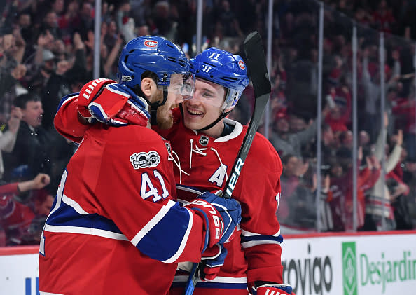  MONTREAL, QC - MARCH 30: Brendan Gallagher #11 and Paul Byron #41of the Montreal Canadiens celebrate a goal against the Florida Panthers in the NHL game at the Bell Centre on March 30, 2017 in Montreal, Quebec, Canada. (Photo by Francois Lacasse/NHLI via Getty Images)