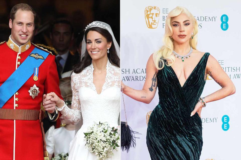 <p>Chris Jackson/Getty; Samir Hussein/WireImage</p> (Left) Prince William and Kate Middleton on their April 29, 2011 wedding day; (Right) Lady Gaga at the E British Academy Film Awards 2022 at Royal Albert Hall on March 13, 2022. 