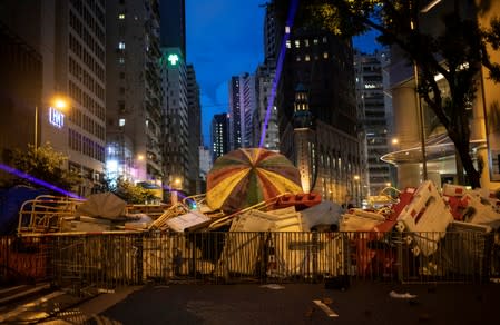 Barricade set up by demonstrators is seen during a protest in Hong Kong