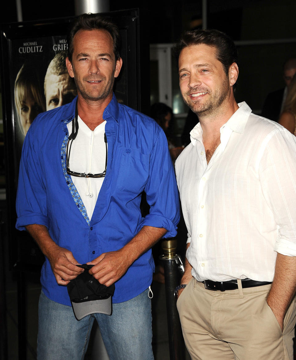 <p>Actors Luke Perry and Jason Priestley who co-starred in "Beverly Hills 90210" attended the premiere of 'Dark Tourist' at ArcLight Hollywood on August 14, 2013 in Hollywood, California.&nbsp;</p>