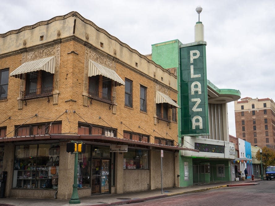 January 13, 2016 Laredo, Texas, USA: street view of the Plaza theater built in 1950 and is currently closed