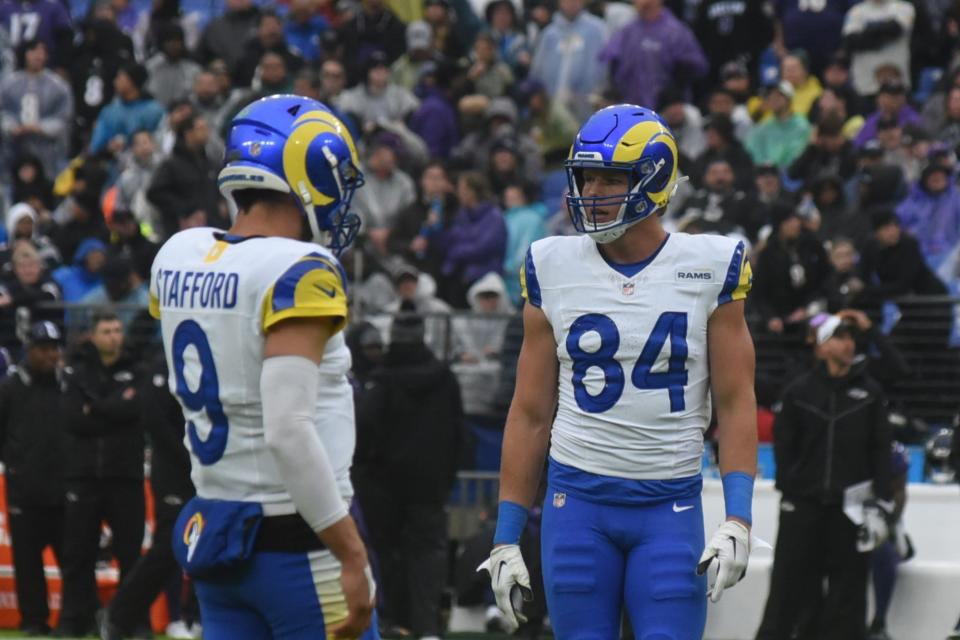 Los Angeles Rams tight end Hunter Long, a 2016 graduate of Exeter High School, stands near quarterback Matthew Stafford as a play comes in during Sunday's NFL game against Baltimore at M and T Bank Stadium.