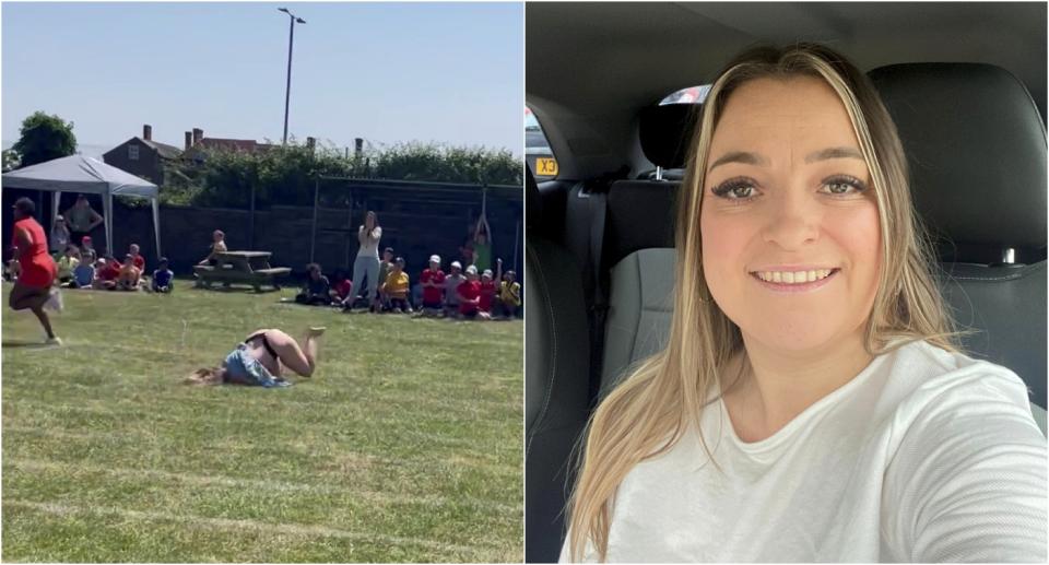 A split image of Katie Hannaford who went viral after she fell during a sports day race at her daughter's school last year