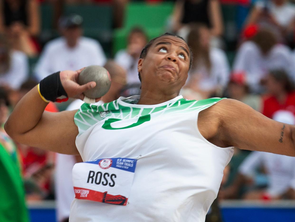 Oregon’s Jaida Ross competes in the women’s shot put on day 9 of the U.S. Olympic Track & Field Trials at Hayward Field in Eugene June 29.