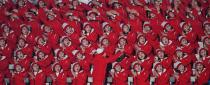 <p>North Korean cheerleaders wave ahead of the opening ceremony of the Pyeongchang 2018 Winter Olympic Games at the Pyeongchang Stadium on February 9, 2018. </p>