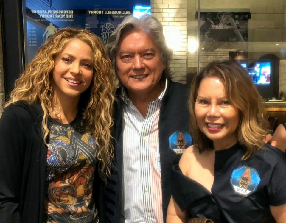 From left: Shakira, Dominic Pangborn and Delia Pangborn in 2018