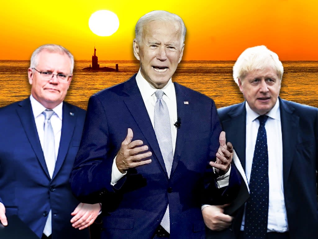 Scott Morrison, Joe Biden and Boris Johnson have all felt France’s wrath after the announcement of the Aukus deal  (Shutterstock/Getty)