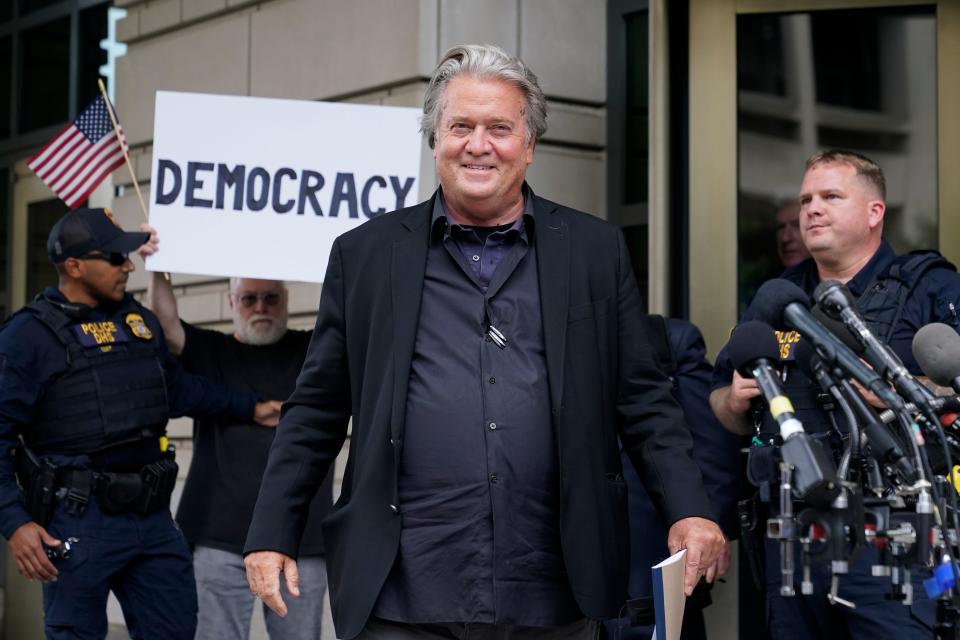 Former White House strategist Steve Bannon departs the federal courthouse on Monday, July 18, 2022, in Washington. The one-time adviser to former President Donald Trump faces criminal contempt of Congress charges after refusing for months to cooperate with the House committee investigating the Jan. 6, 2021, Capitol insurrection.