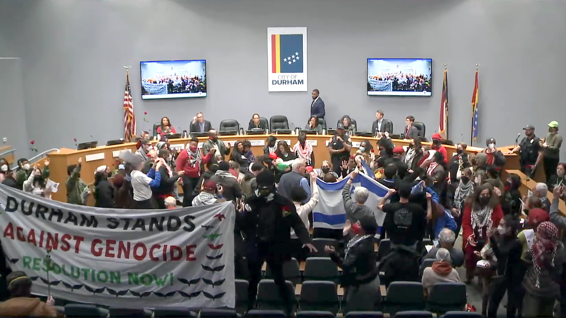 At least 150 people streamed into the Durham City Council chambers Feb. 5, 2024 to sing and call for a ceasefire in the Israel-Hamas War in Gaza.