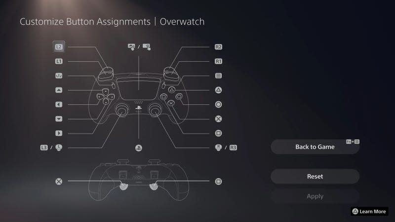 The DualSense Edge's Customize Button Assignments menu is shown, with a diagram of the controller labeling each button with a possible input.