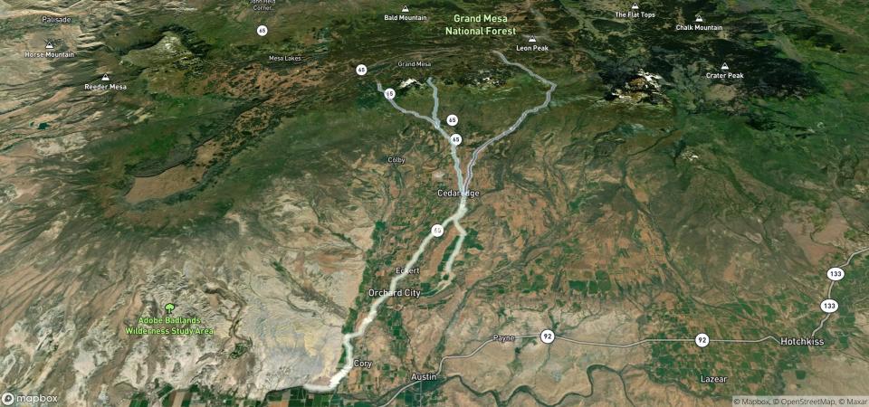 Map shows a few of the many water diversions on and off Colorado's Grand Mesa.