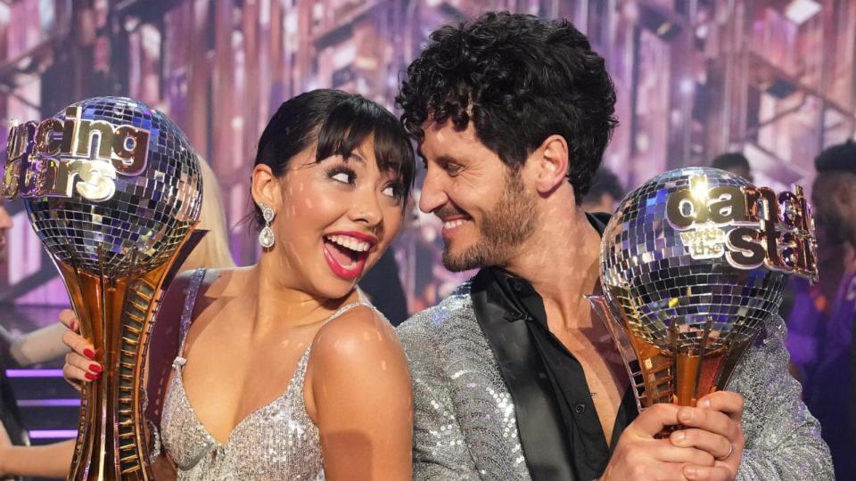 Xochitl Gomez and Val Chmerkovskiy with their Len Goodman Mirrorball trophies for winning Season 32. (Disney/Eric McCandless) (Eric Mccandless/The Walt Disney Company)