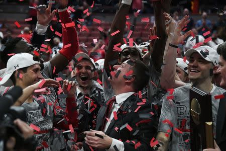 March 30, 2019; Anaheim, CA, USA; Texas Tech Red Raiders head coach Chris Beard celebrates the victory over Gonzaga Bulldogs following the championship game of the west regional of the 2019 NCAA Tournament at Honda Center. Mandatory Credit: Richard Mackson-USA TODAY Sports