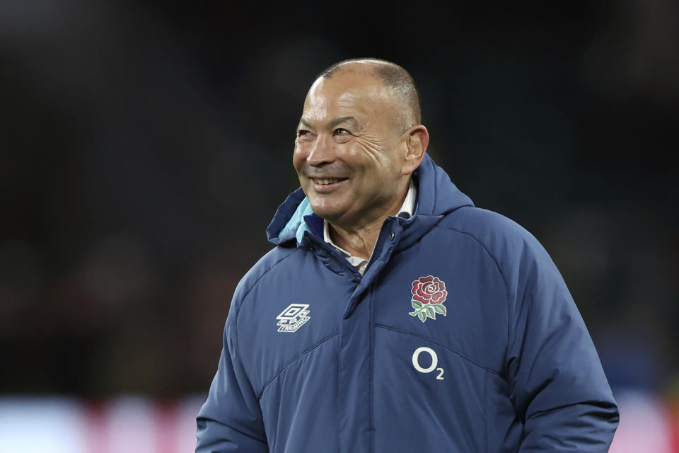 FILE - England's coach Eddie Jones smiles before the international rugby match between England and South Africa at Twickenham stadium in London, Nov. 26, 2022. Rugby Australia said Monday, Jan. 16, 2023, it has hired Jones to be the head coach of the Wallabies and that current head coach Dave Rennie "will depart the position." (AP Photo/Ian Walton, File)