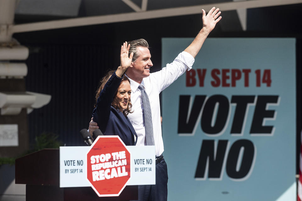 Vice President Kamala Harris joins California Gov. Gavin Newsom rallying against the California gubernatorial recall election on Wednesday, Sept. 8, 2021, in San Leandro, Calif. (AP Photo/Noah Berger)