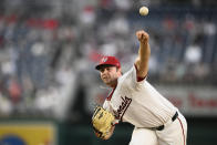 Washington Nationals starting pitcher Mitchell Parker throws during the fifth inning of a baseball game against the Minnesota Twins, Monday, May 20, 2024, in Washington. (AP Photo/Nick Wass)