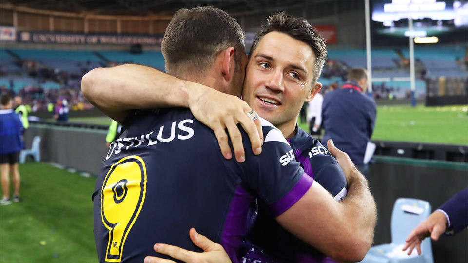 Cooper Cronk celebrating with former teammate Cameron Smith. (Getty Images)