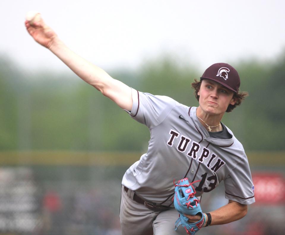 Turpin junior Joe Lafkas threw 6.1 shutout innings, striking out 12 as Turpin defeated Kings 2-1 in extra innings in an OHSAA baseball game May 3, 2024 at Kings High School. Both teams ended the game 12-5 in the Eastern Cincinnati Conference.