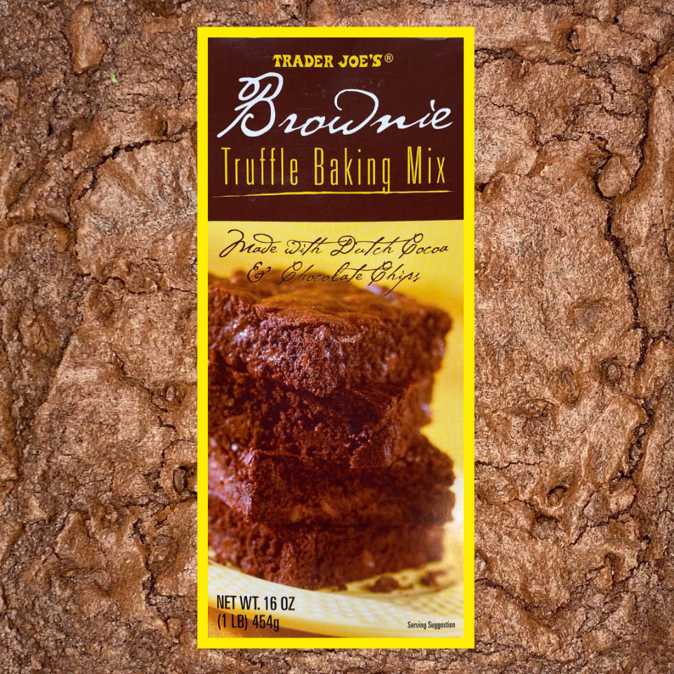 Package of Trader Joe's Brownie Truffle Baking Mix overlayed over a brownie image