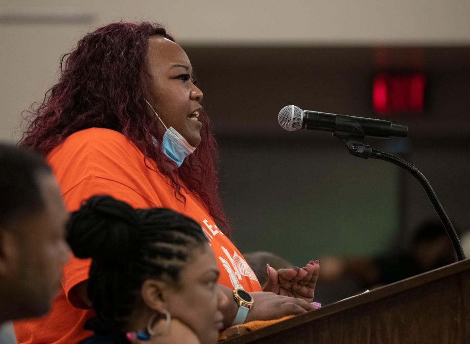 Dianechia Fields, parent organizer with Memphis Lift, speaks during a Memphis-Shelby County Schools board special called meeting Wednesday, July 13, 2022, in Memphis. Memphis Lift is an organization that advocates for children in low-performing schools. Attendees of the meeting discussed an investigation into Superintendent Joris Ray concerning "allegations of impropriety.” During the meeting, the board voted 7-2 to select an attorney. Ray was also placed on administrative leave. 