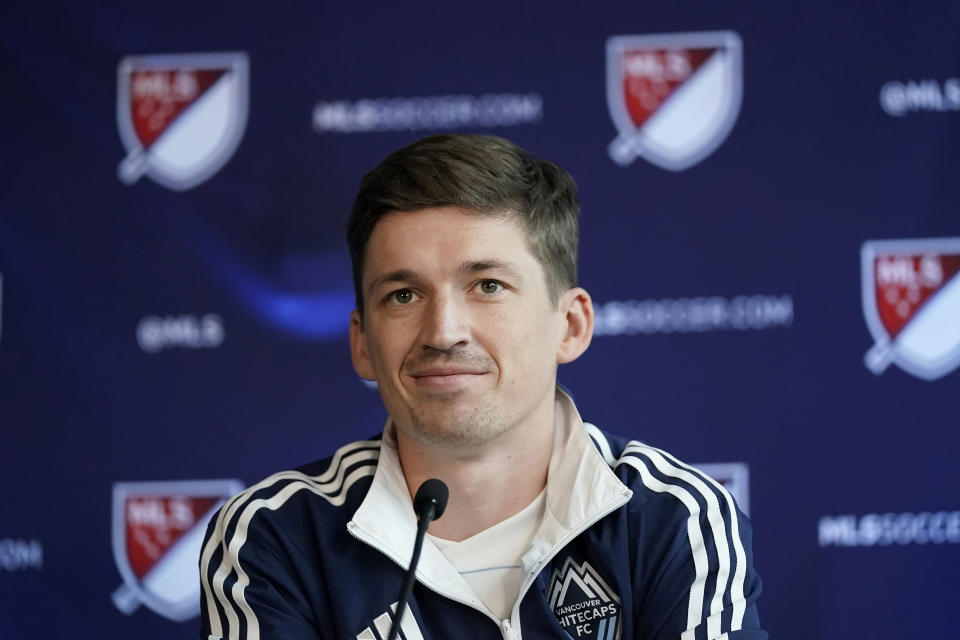 Vancouver Whitecaps' Ryan Gauld speaks during MLS soccer media day in San Jose, Calif., Tuesday, Jan. 10, 2023. (AP Photo/Jeff Chiu)