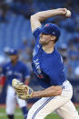 Toronto Blue Jays starting pitcher Ross Stripling throws to a Cleveland Indians batter during the first inning of a baseball game Thursday, Aug. 5, 2021, in Toronto. (Jon Blacker/The Canadian Press via AP)