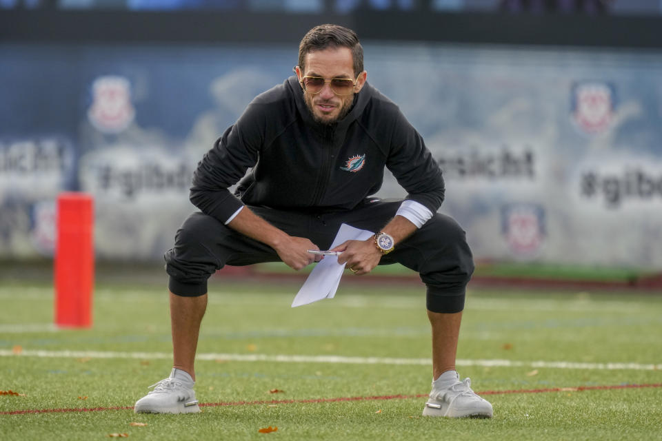 Miami Dolphins head coach Mike McDaniel looks on during a practice session in Frankfurt, Germany, Wednesday, Nov. 1, 2023. The Miami Dolphins are set to play the Kansas City Chiefs in a NFL game in Frankfurt on Sunday Nov. 5, 2023. (AP Photo/Michael Probst)