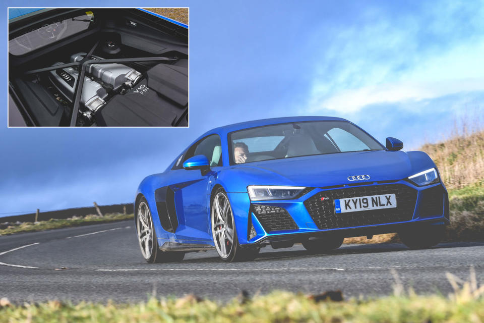 <p>The Audi R8 may share its 5.2-litre V10 with its <strong>Lamborghini</strong> cousin, but parent company Audi clearly wanted something <strong>extra</strong> for its side of the family. This explains why the R8’s engine spins to a maximum of 8700rpm compared to the Huracan’s 8500rpm.</p><p>Maximum power of 562bhp arrives at 8000rpm, giving a useful margin before an upshift is required in the seven-speed S tronic gearbox. Flat out, Audi says each piston is travelling at <strong>26.9-metres per second</strong>, which is more than 60mph on every stroke.</p>