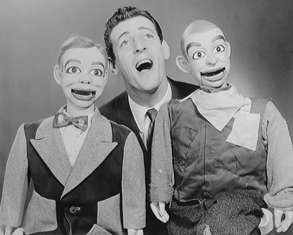 Ventrilquist Paul Winchell shown with his two dummies, Jerry Mahoney and Knucklehead Smiff.