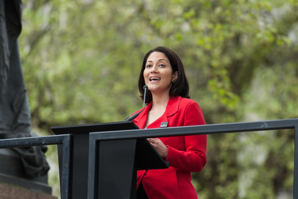 LONDON, UNITED KINGDOM - APRIL 24: BBC presenter Mishal Husain attends unveiling of Millicent Fawcett statue in Parliament Square. The monument to the suffragist leader, created by Gillian Wearing OBE, is the first of a woman to stand in Parliament Square. The statue has been commissioned by the Mayor of London to commemorate the Centenary of the Representation of the People Act 1918 which granted the first British women the right to vote. April 24, 2018 in London, England. (Photo credit should read Wiktor Szymanowicz/Future Publishing via Getty Images)