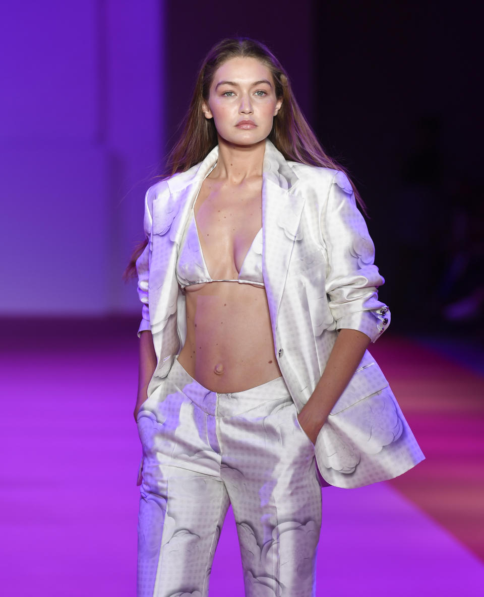 Model Gigi Hadid walks the runway at the Brandon Maxwell spring/summer 2022 fashion show in the Brooklyn borough of New York during Fashion Week on Friday, Sept. 10, 2021. (Photo by Evan Agostini/Invision/AP)