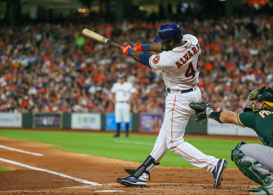 HOUSTON, TX - JULY 22:  Houston Astros designated hitter Yordan Alvarez (44) hits a home run in the bottom of the second inning during the baseball game between the Oakland Athletics and Houston Astros on July 22, 2019 at Minute Maid Park in Houston, Texas.  (Photo by Leslie Plaza Johnson/Icon Sportswire via Getty Images)