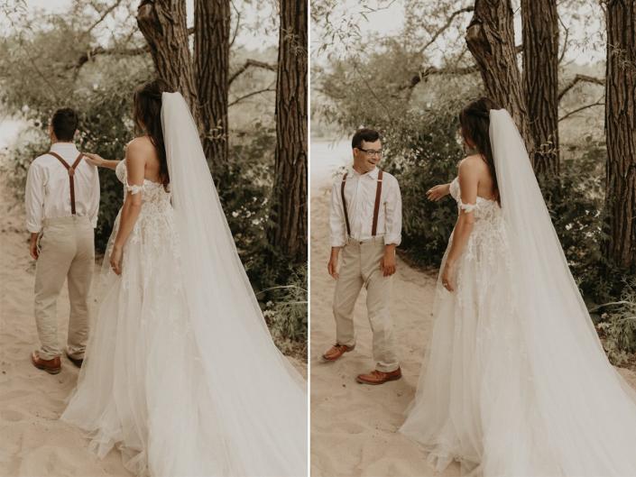 A side-by-side of a bride and her brother during a first look on a beach.