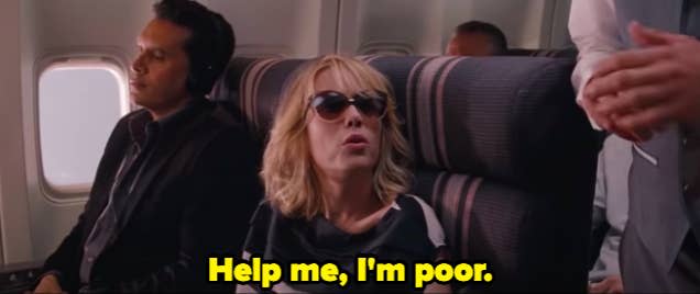 A woman on a plane says "help me, I'm poor"