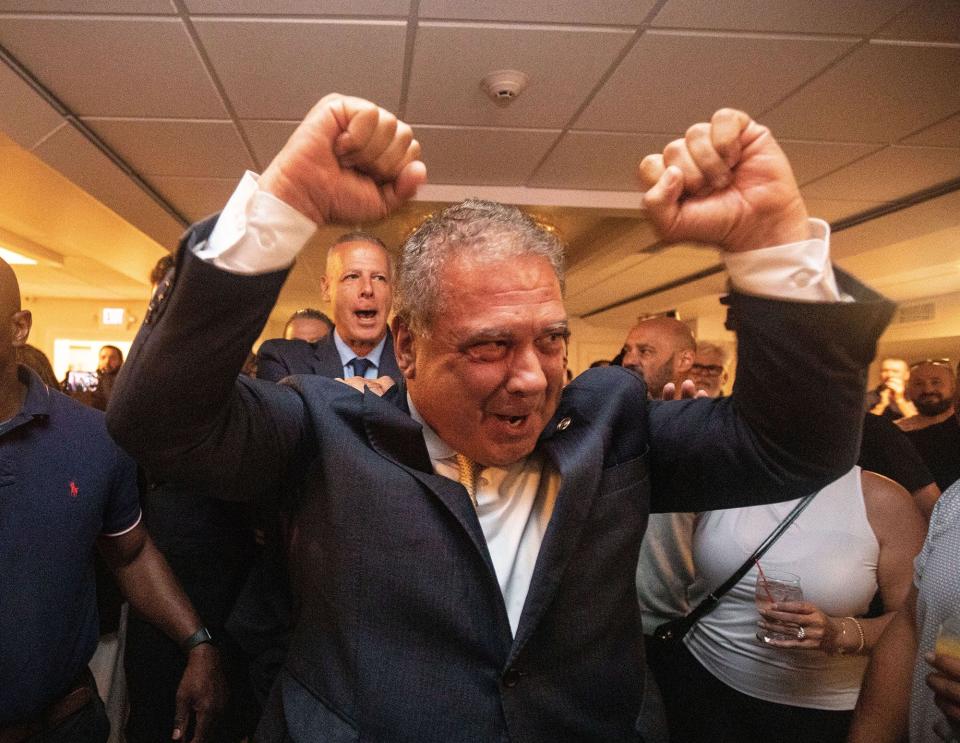 Yonkers Mayor Mike Spano celebrates at Casino Royale in downtown Yonkers after winning the Democratic mayoral primary race June 27, 2023. Spano is running for his fourth consecutive term as Yonkers mayor. 