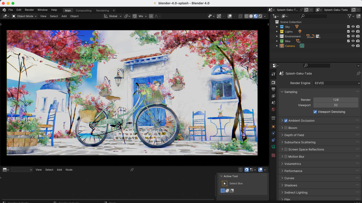  Blender 4.0 review; a bike rendered to in a 3D app to look like an illustration. 